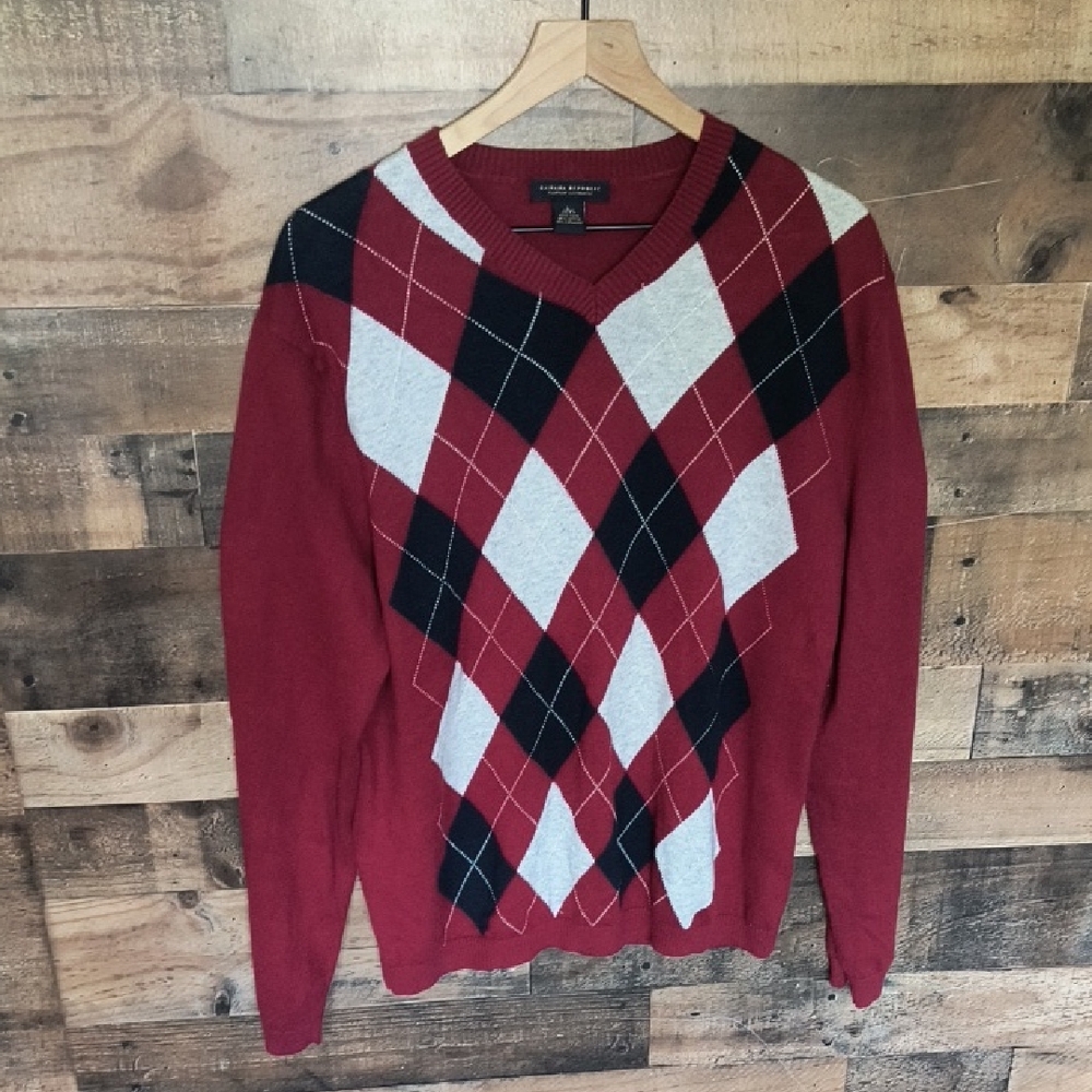 Banana Republic Cotton Cashmere Deep Red Navy Argyle Preppy Academia Sweater L